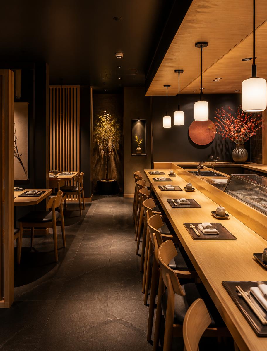 Interior cálido de un restaurante japonés contemporáneo